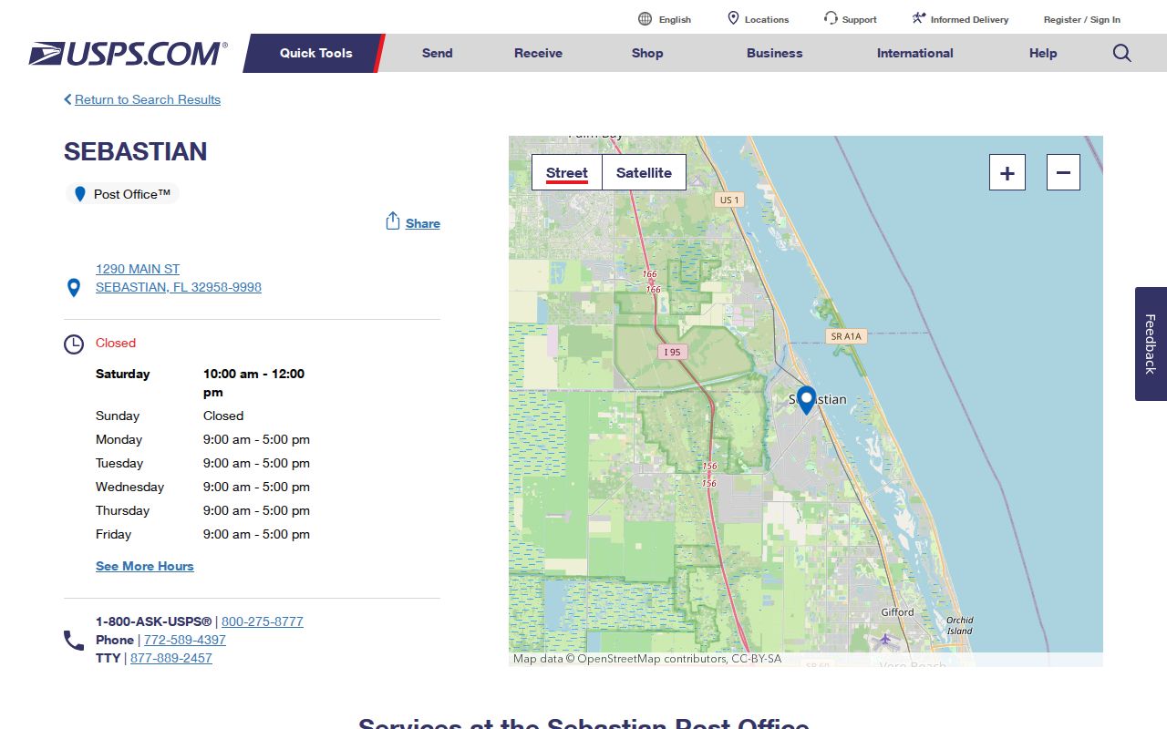 USPS facility listing for the Sebastian ZIP code directory